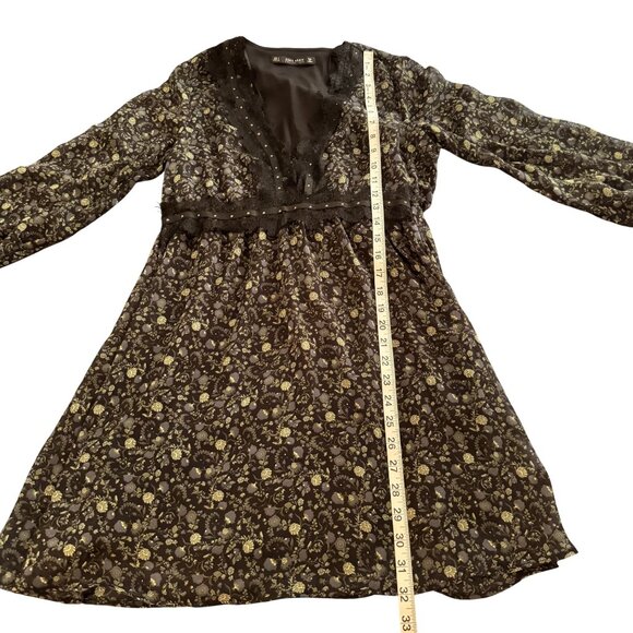 Zara Basic Collection Women's Floral Black Bell Long Sleeve Mini Dress Size S - Picture 4 of 8